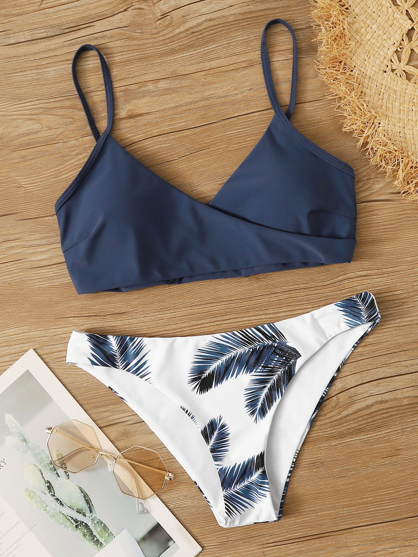 Women's Wrap V Neck Bikini Set - Solid Top & Tropical Palm Print Bottom, Spaghetti Straps High Cut Two Piece Swimsuit for Beach 1