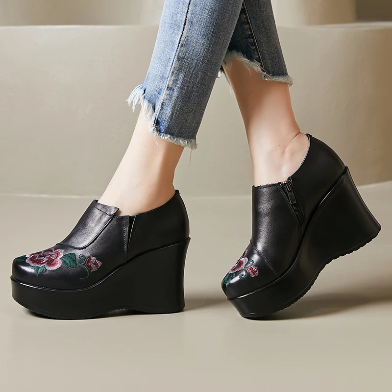 

Женские туфли на танкетке 9 см GKTINOO, повседневные туфли ручной работы с круглым носком, натуральная кожа, лоферы на платформе