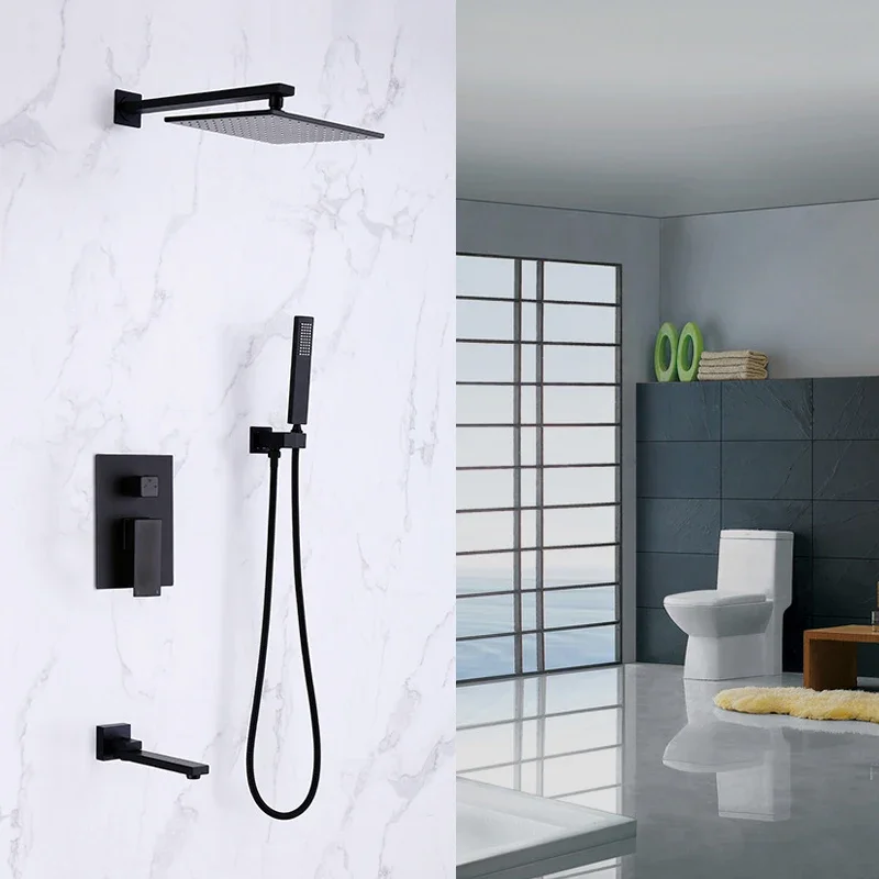 

Black Shower Faucet Set Rain Concealed System In-Wall Bidet Combination