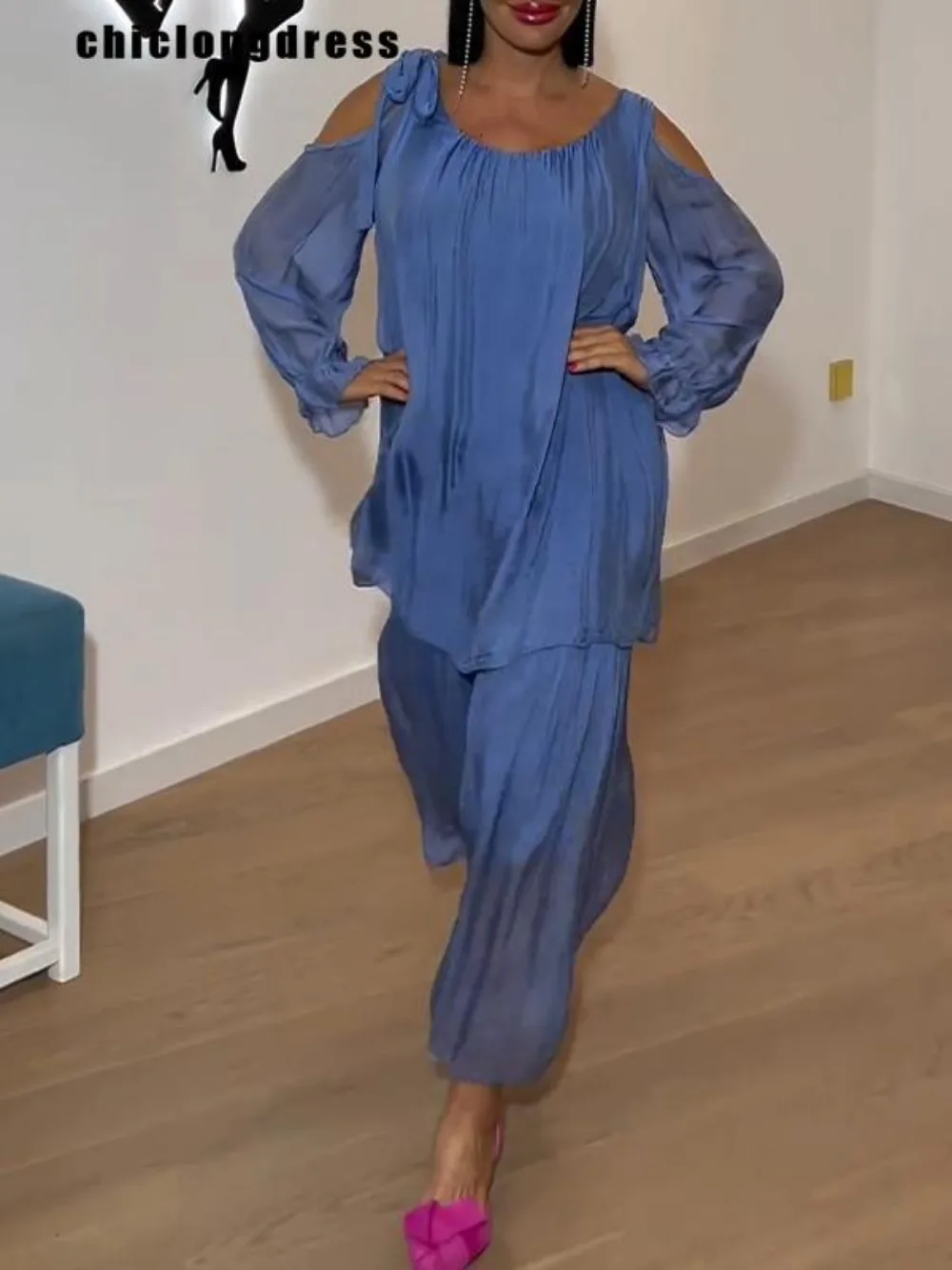 

Летний модный однотонный комплект из двух предметов, Женская Повседневная Свободная блузка с открытыми плечами и длинным рукавом, юбка, комплект из двух предметов для женщин