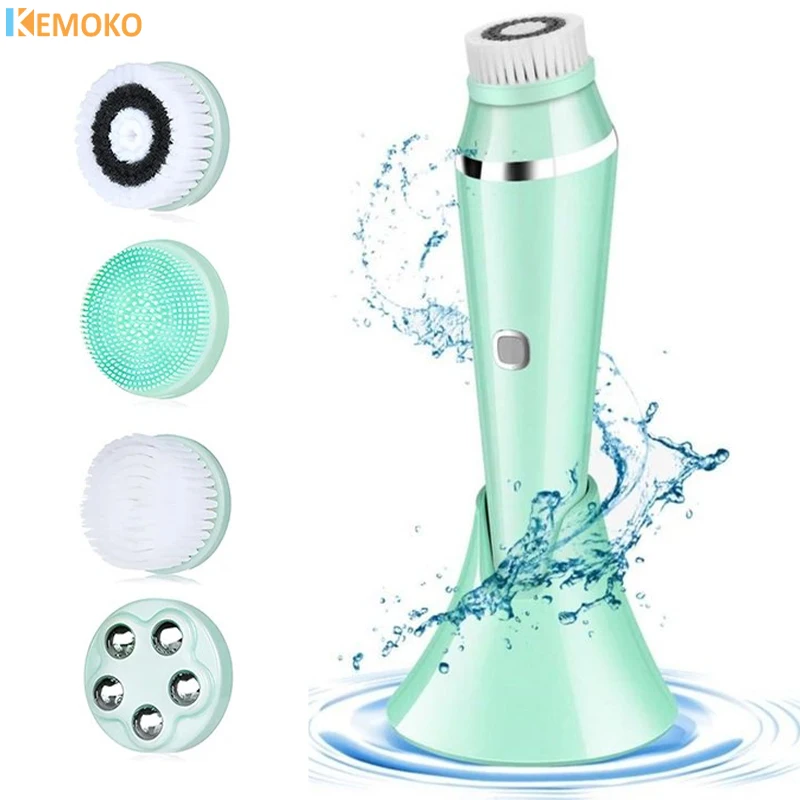 Facial Cleansing Brush with 4 Heads Facial Exfoliating Massage  Pore Electric Cleaning Brush Deep Cleaning Blackhead Remover natural loofah body shower scrubber bath exfoliating sponge soft shower brushes with hook towel sponge oil stain removing cloth