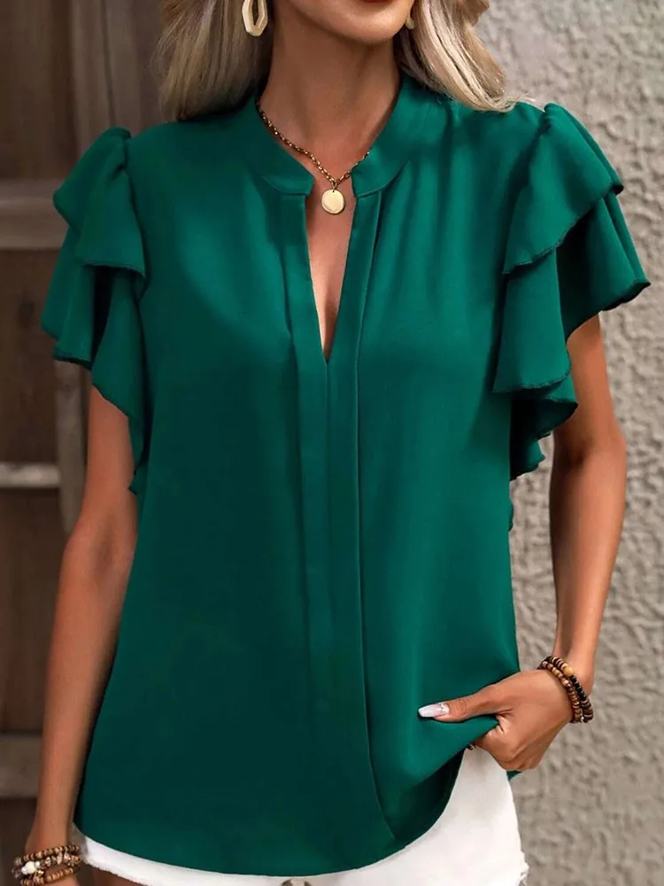 Women\'s Shirt Summer Fashion V-neck Ruffle Short Sleeved Pullover New Office Lady Casual Blouse Women Tops Boho Female Clothing
