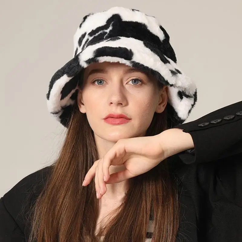 Fashion Winter Cow Print Women Bucket Hat Faux Fur Outdoor Lady Fisherman Fluffy Panama Warm Female Flat Cap Plush Furly U8k8 fisherman hat