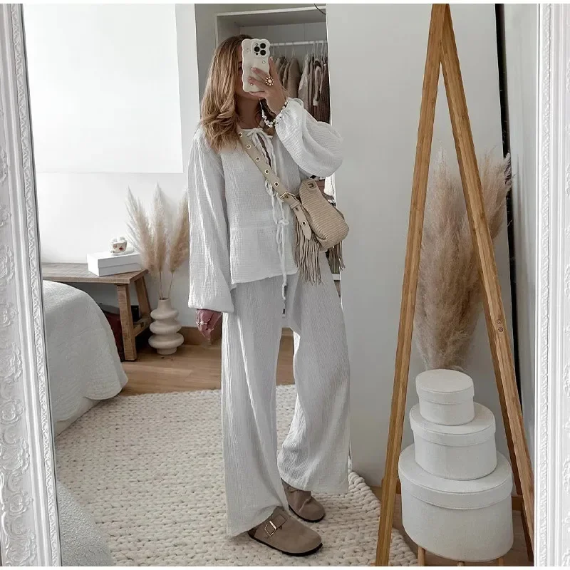 Elegant Shirts Pants Sets For Women 2 Pieces Solid Long Sleeve O-neck Lace Up Shirt Loose Trousers Set 2024 Spring Casual Outfit