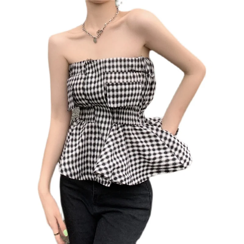 

2023 Spring New Fashion Sexy Off Shoulder Crop Top High Street Elastic Waist Plaid Stylish Women Blouse Club Outfit Blusa