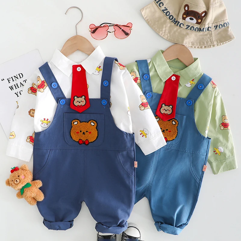 

2024 Spring Baby Boy Girl Clothes Suits Childrens Cartoon Lovely Bear Tie Shirt Loose Overalls 2PCS Clothing Toddler Casual Sets
