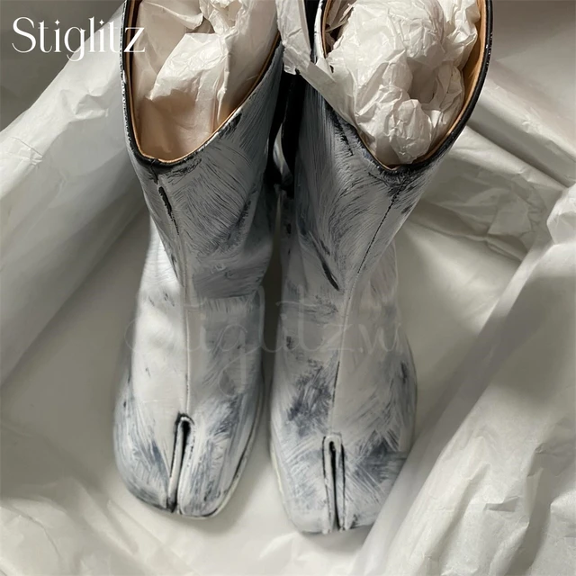 Hand Painted Tabi Booties for Men White Grey Graffiti Ankle Boots 