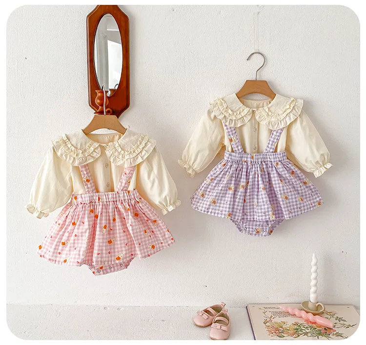 Puppe Kragen Langarm Baby Mädchen Top Zwei Stück Set Niedlichen Tier Gedruckt Hosenträger Shorts Neugeborenen Kinder Set Süße Kleidung – Detail 5