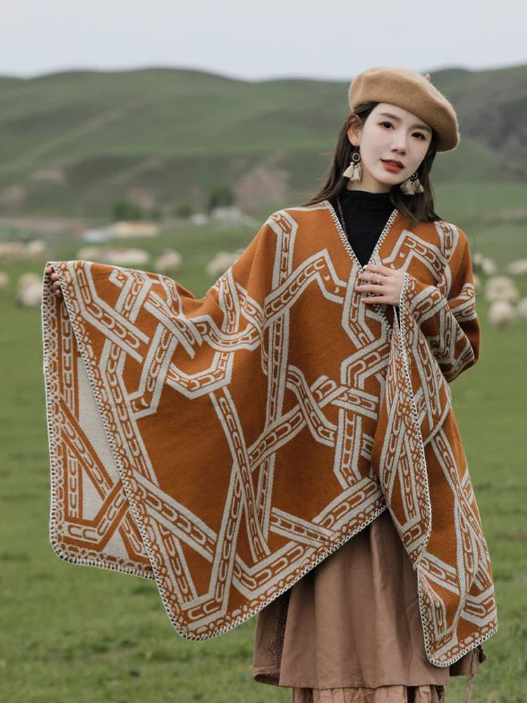 Poncho Women Ethnic Style 2023 Windproof Geometric Pattern Cape Autumn and Winter Split Shawl Pashimina Double-sided Scarf