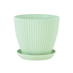 Vertical Striped Round Planter with Tray - M 11X10X9.5CM (Green)