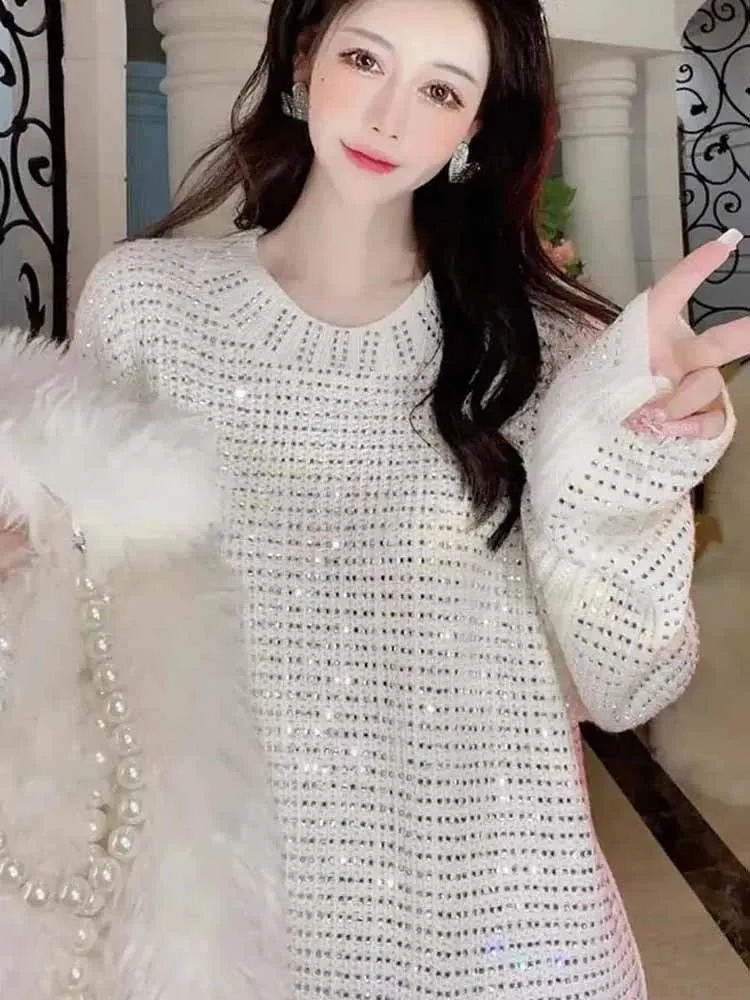 

2022 Winter New Heavy Industry Flash Rhinestone Round Neck Sweater Oversize Idle Style All-Match Women's Mid-length Pullover