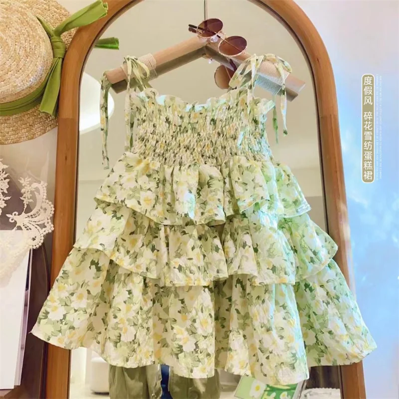 

Kids Clothes Girl Summer New Girls' Pastoral Pleated Dress Cool Green Floral Slip Dress Girls Clothes 2 To 8 Years Girl Clothes