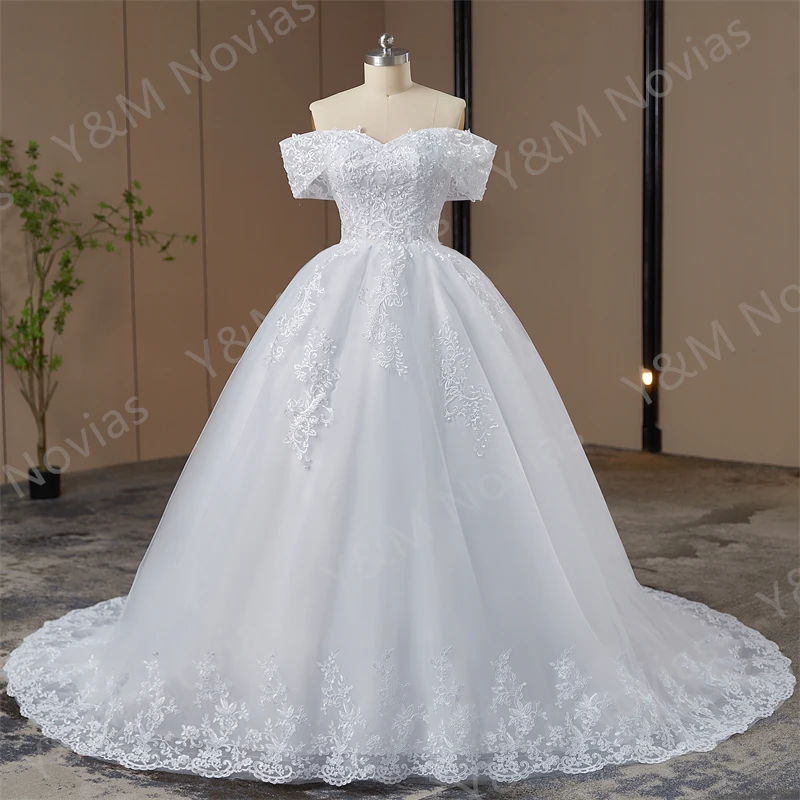 

Y&M Novias Off Shoulder Plus Size Vestido De Noiva 2024 Wedding Dress Long Train or Floor Appliqes Pearls Bridal Tulle Mariage