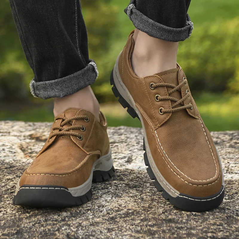 Outdoors Lace-up Shoes Man Non-Slip Casual Leather Shoes for Men Wear Resistant Walking Hiking Footwear Classic Comfy Climbing