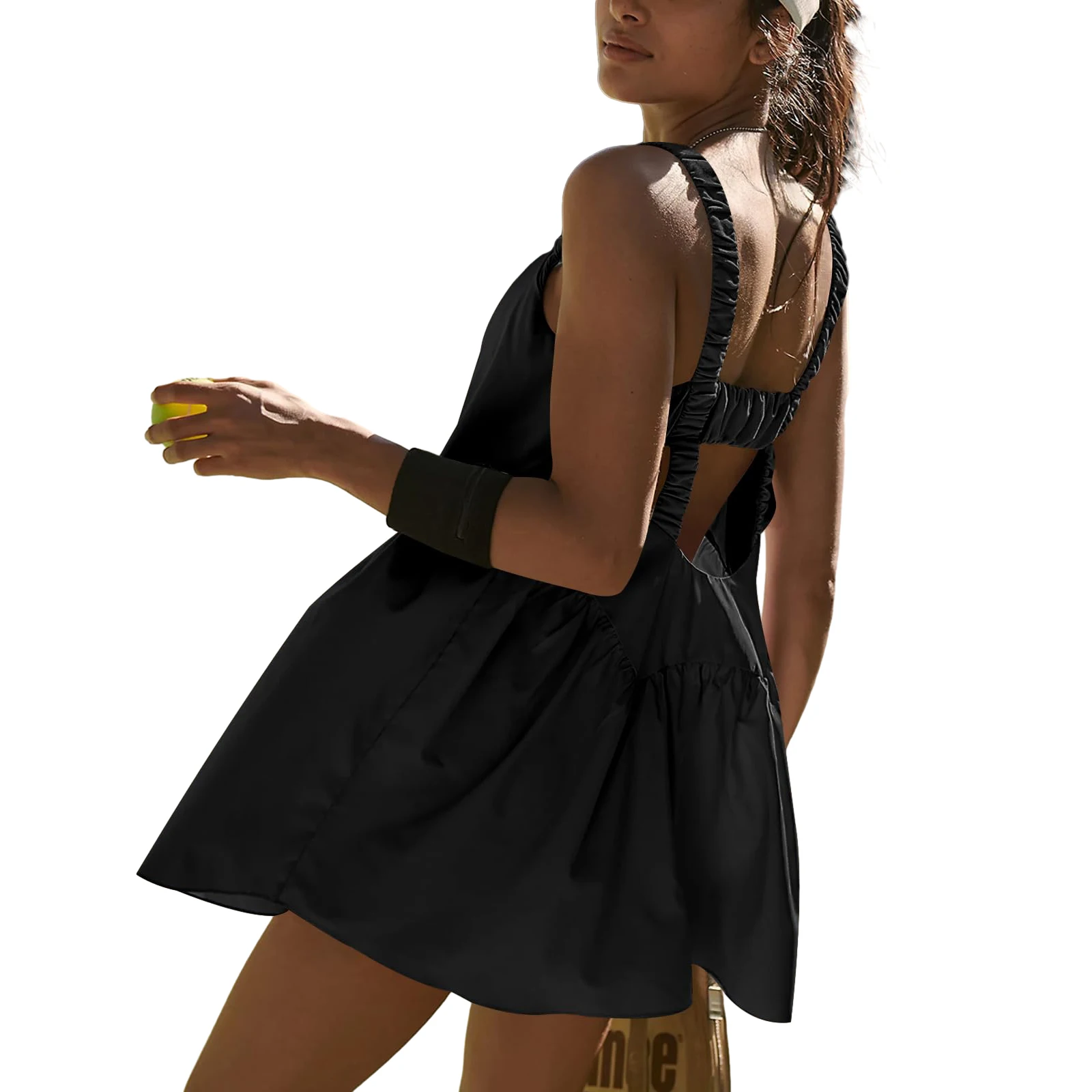 Women Tennis Workout Mini Dress with Built in Bra and Shorts Set Summer Cut Out Sleeveless Athletic Golf Dress