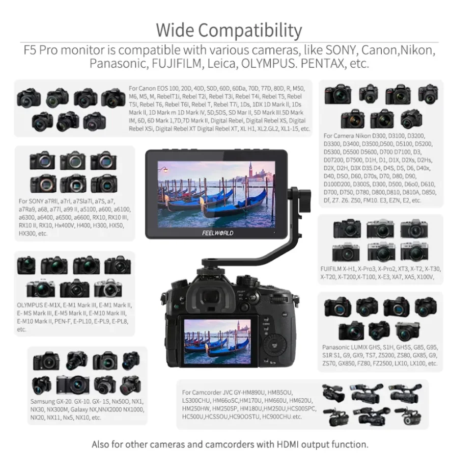 FEELWORLD F5 Pro V4 6 Inch 3D LUT 4K HDMI Touch Screen DSLR Camera Field Monitor Power Output F970 Install and Power Kit
