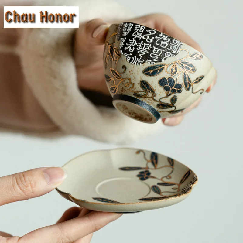 100ML Blue And White Flint Red Teacup Japanese Gold Drawing Branch Lotus Tea Bowl With Saucer Meditation Cup Coffee Mug Teaware