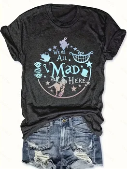 We're All Mad Here Alice Women's Tee - Holographic Wonderland Graphic, Casual Black Top 1