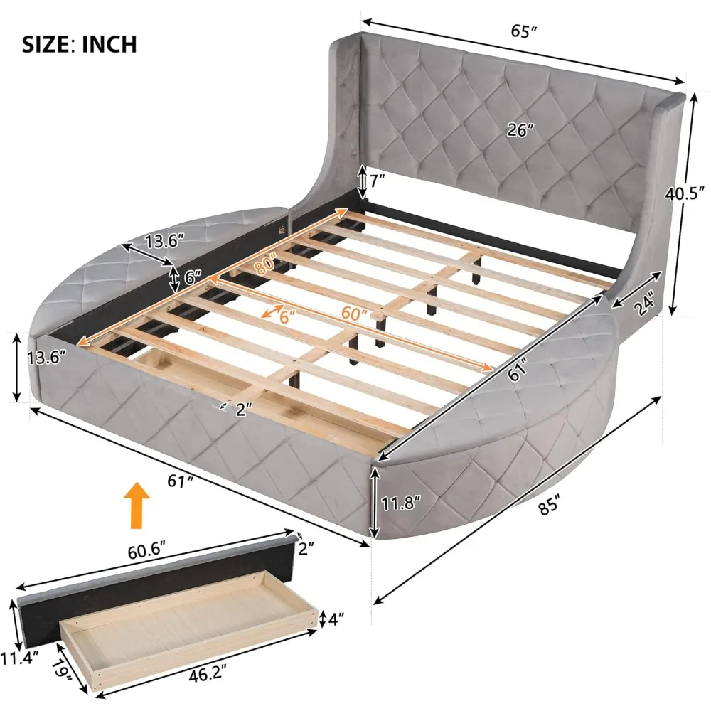 Queen Size Velvet Platform Bed Frame Storage,Upholstered Tufted Bed Frame Wingback Headboard1Big Drawer and2Side Storage Stool 2