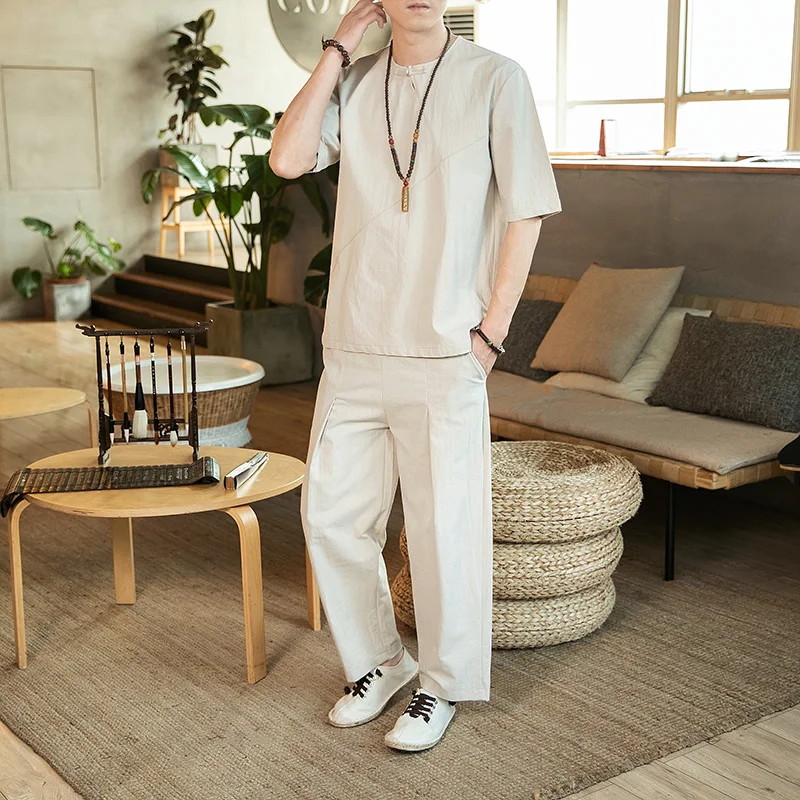 

2022 New Chinese Style Pure Color Cotton And Linen Suit Men's Summer Short Sleeve Casual Pants Two Sets Male Suit M-5XL TZ033