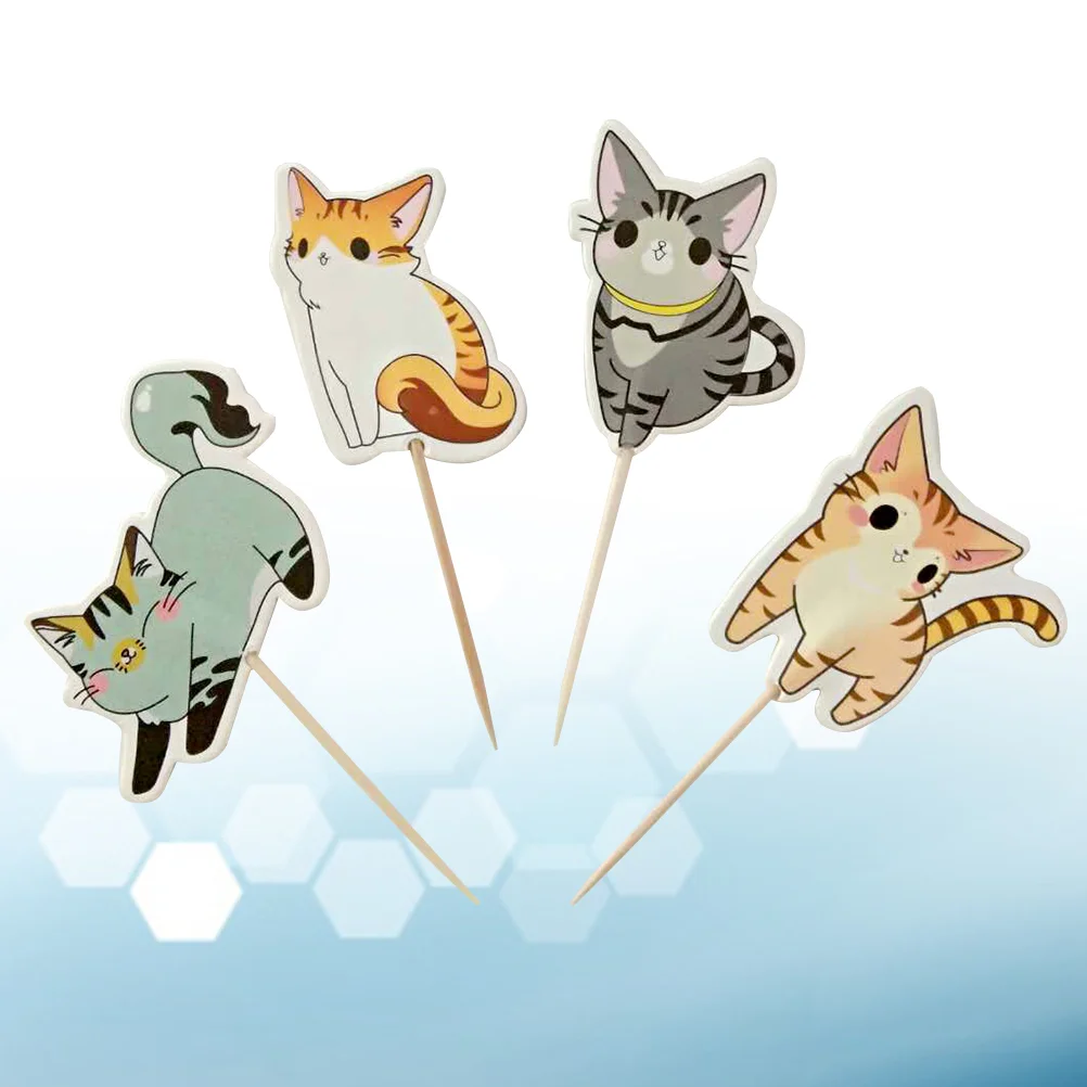 

24 Pcs Cat Cake Toppers Inserts Decoration The Cupcake Picks Wooden Dessert Cards