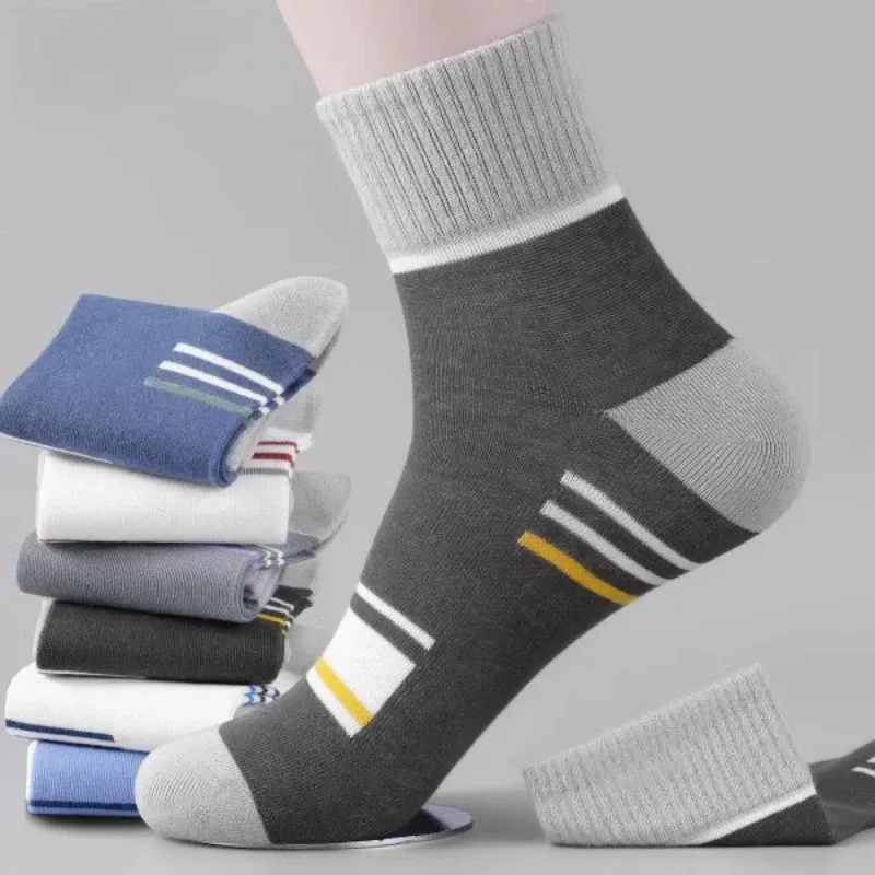 Men Breathable Cotton Socks Spring Striped Casual Hosiery Men's Anti-odor Antibacterial Business Socks