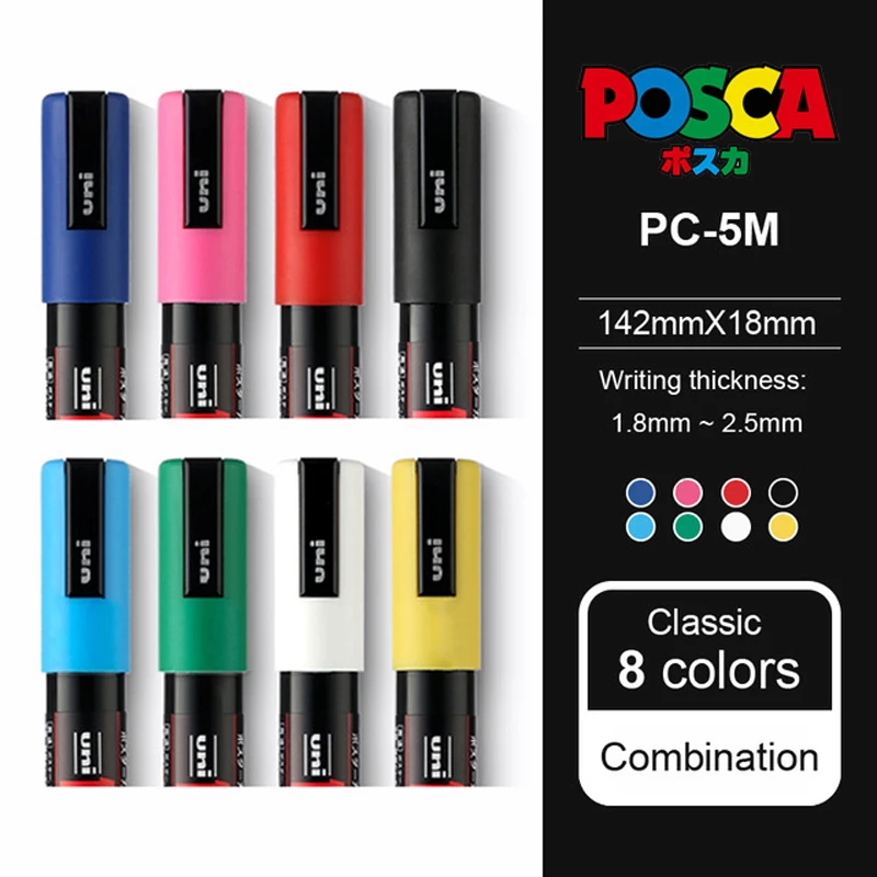 Uni Posca Paint Markers - Basic Colors, Set of 8, Medium Tip, 2.5 mm