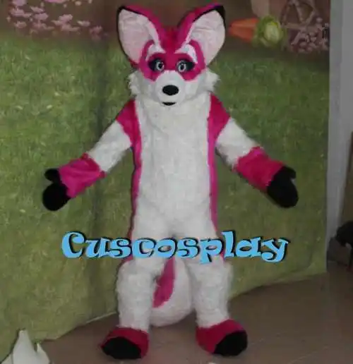 

Wolf Husky Dog Mascot Pink Red Long Fur Furry Fox Costume Fursuit Adult Cartoon Annual Celebration Amusement Park