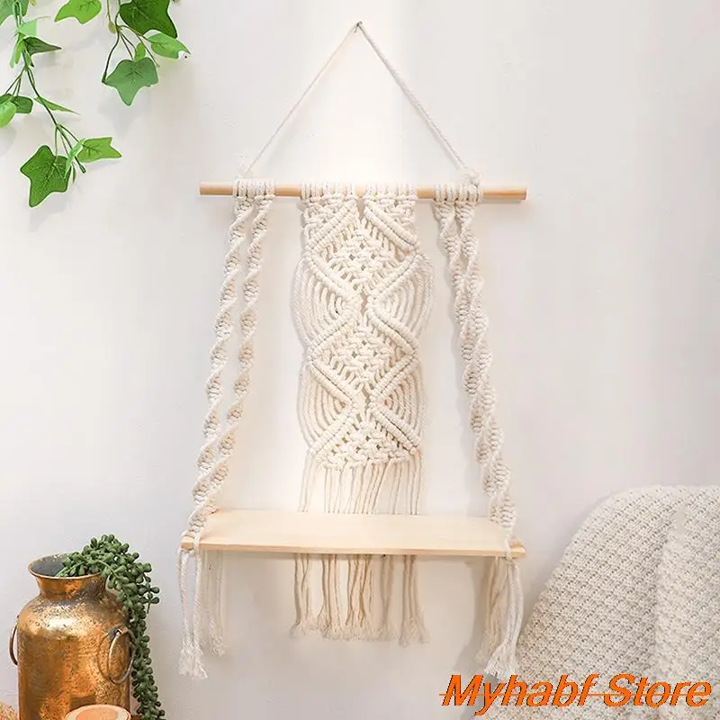 

DIY Boho Tassel Wall Hanging Shelf Handmade Cotton Rope Woven Macrame Tapestry Plant Rack Wood Floating Shelf Holder Home Decor