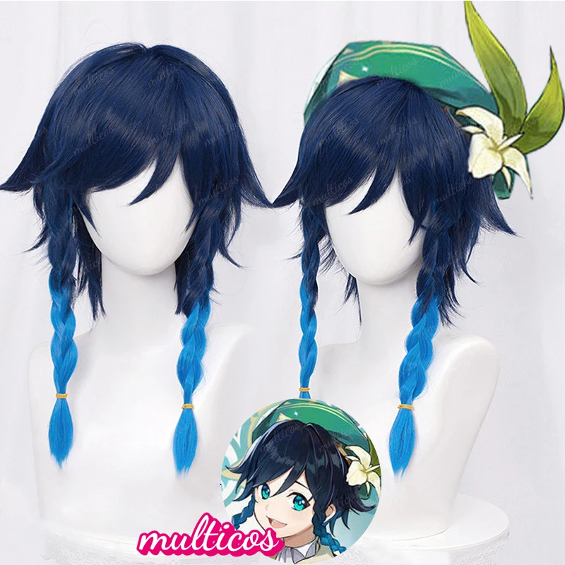 High Quality Game Genshin Impact Venti Cosplay Wig Unisex 50cm Blue Braided Heat Resistant Synthetic Hair Wigs + Wig Cap