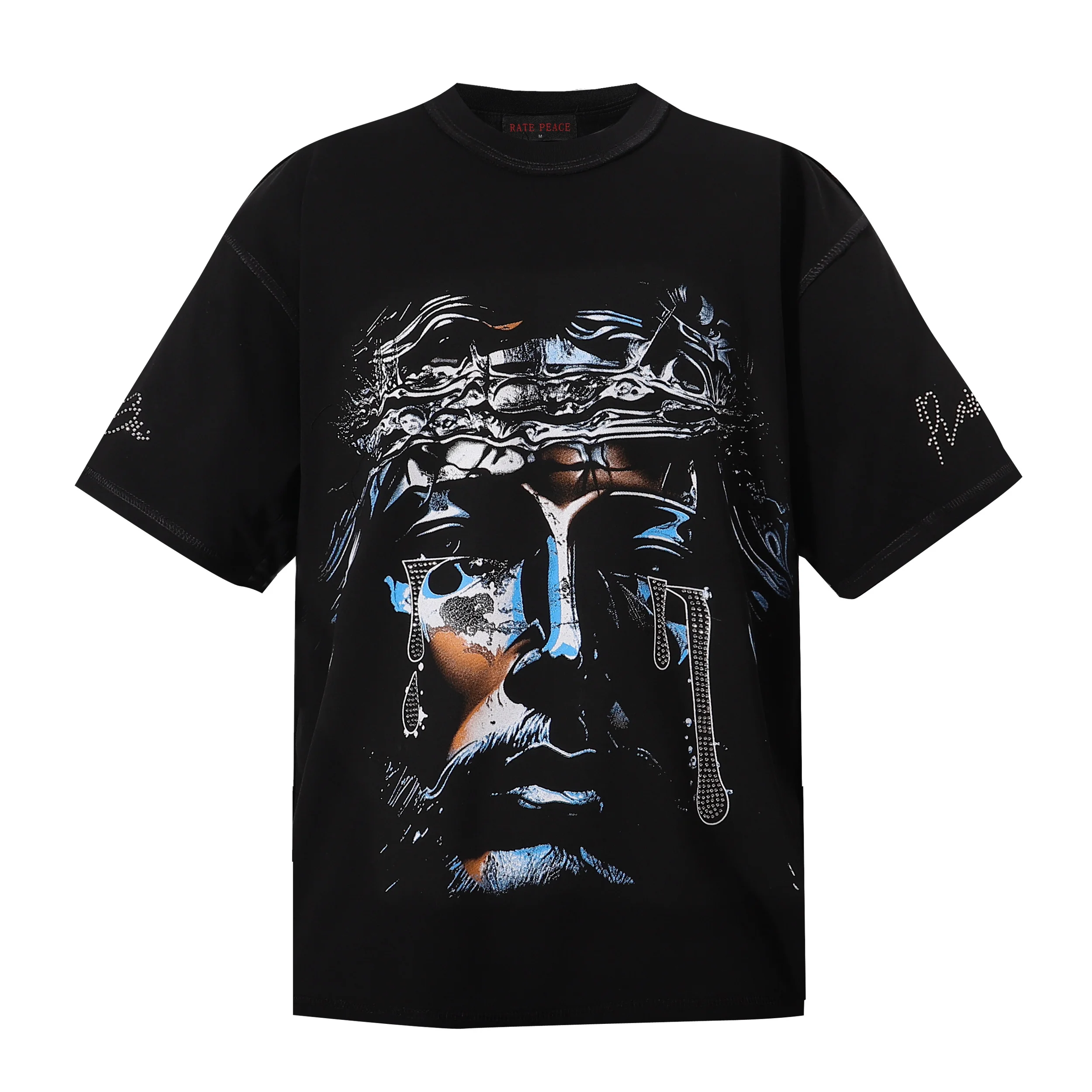Herren Oversize T-Shirt Lustige Kleidung Strass Jesus-Weinen Grafik-Tee Streetwear Hip Hop Y2K Lässiges Kurzarm-Oberteil aus Baumwolle