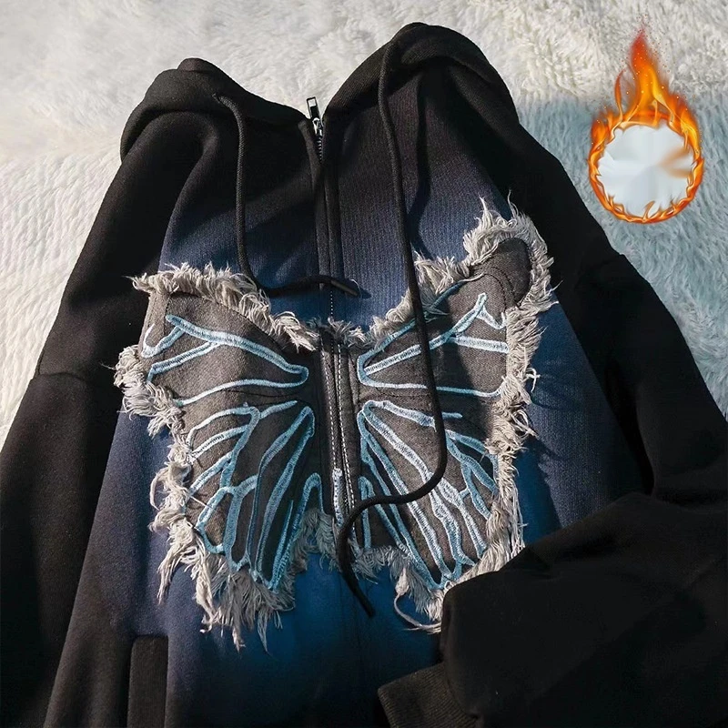 

Gradient blue butterfly embroidery trendy sweater women's hooded jacket