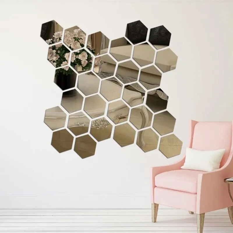 12pcs Mirror Wall Stickers Living Room TV Backdrop Decorative Stickers Hexagonal Mirror Wall Decorative wall sticker mirror wall sticker