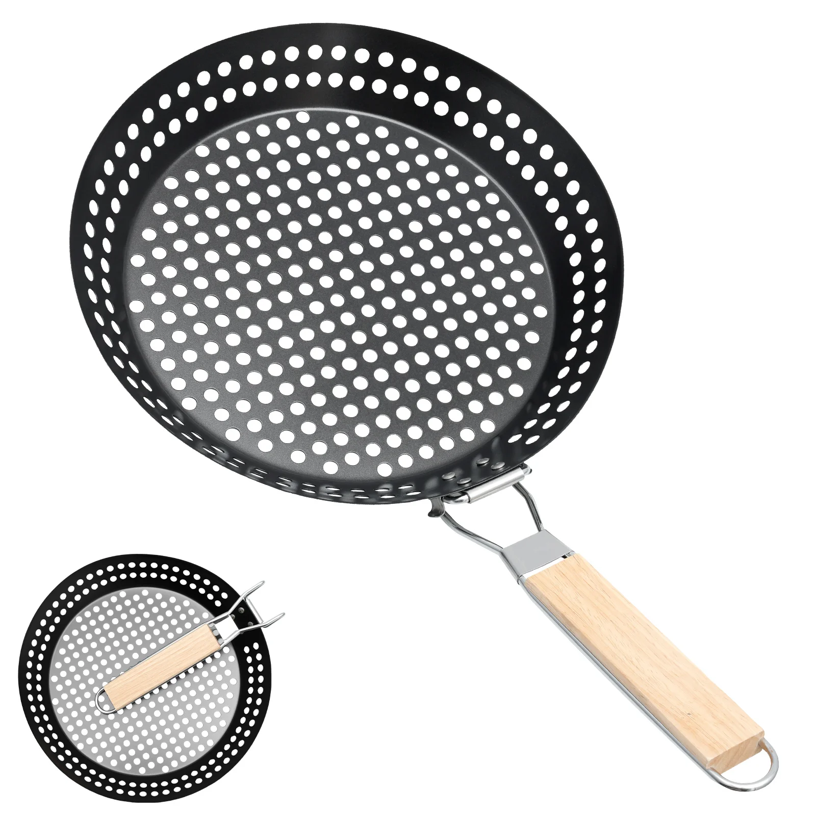 Folding Grill Pan Nonstick Grill Skillet Barbecue Grill Pans With Wooden Handle Heat Resistant Grill Skillet for Home Outdoor