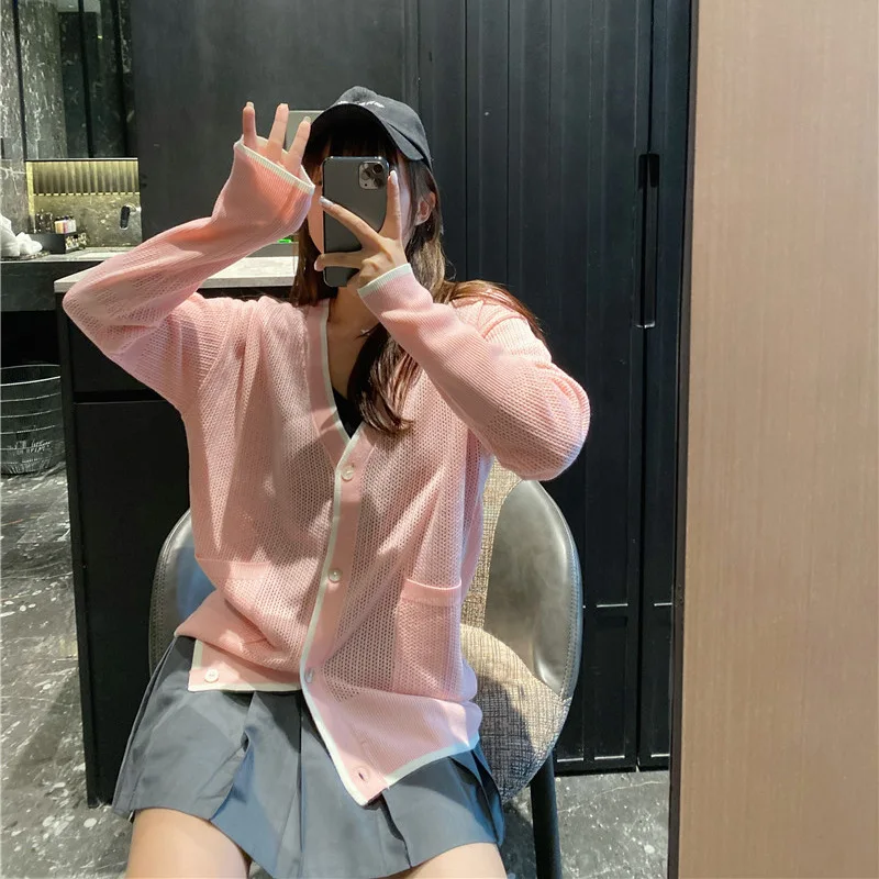 

High Quality Korean Style Thin Pink Girls' Loose and Thin Knit Cardigan Coat Women's Long-sleeved Sunscreen Outer Wear