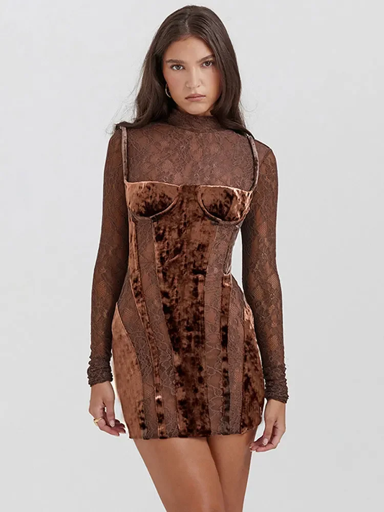 

Sexy Lace Velvet Patchwork Mini Dress Women Elegant Stand Collar Long Sleeve Bodycon Dress 2023 Lady Chic See Through Party Robe
