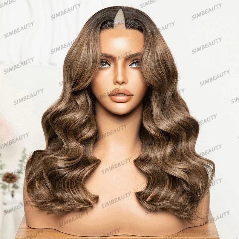 

Simbeauty 100% Human Hair Bayalage Highlight Brown Blonde Wigs for Black Women Middle 1x4 Size V Part Wig Glueless Remy Hair