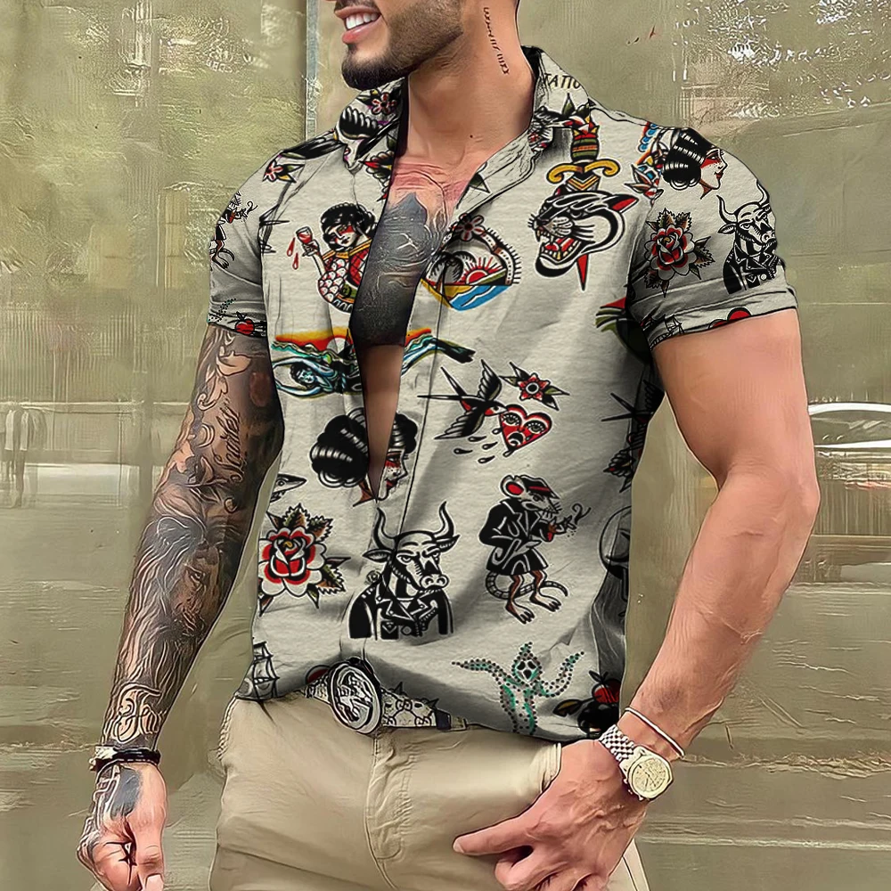 Summer Tattoo Shirt Hawaiian Shirts For Men Brand Short Sleeve Tops Tees Casual Men's Blouse Fashion Camisas De Hombre Clothing 2