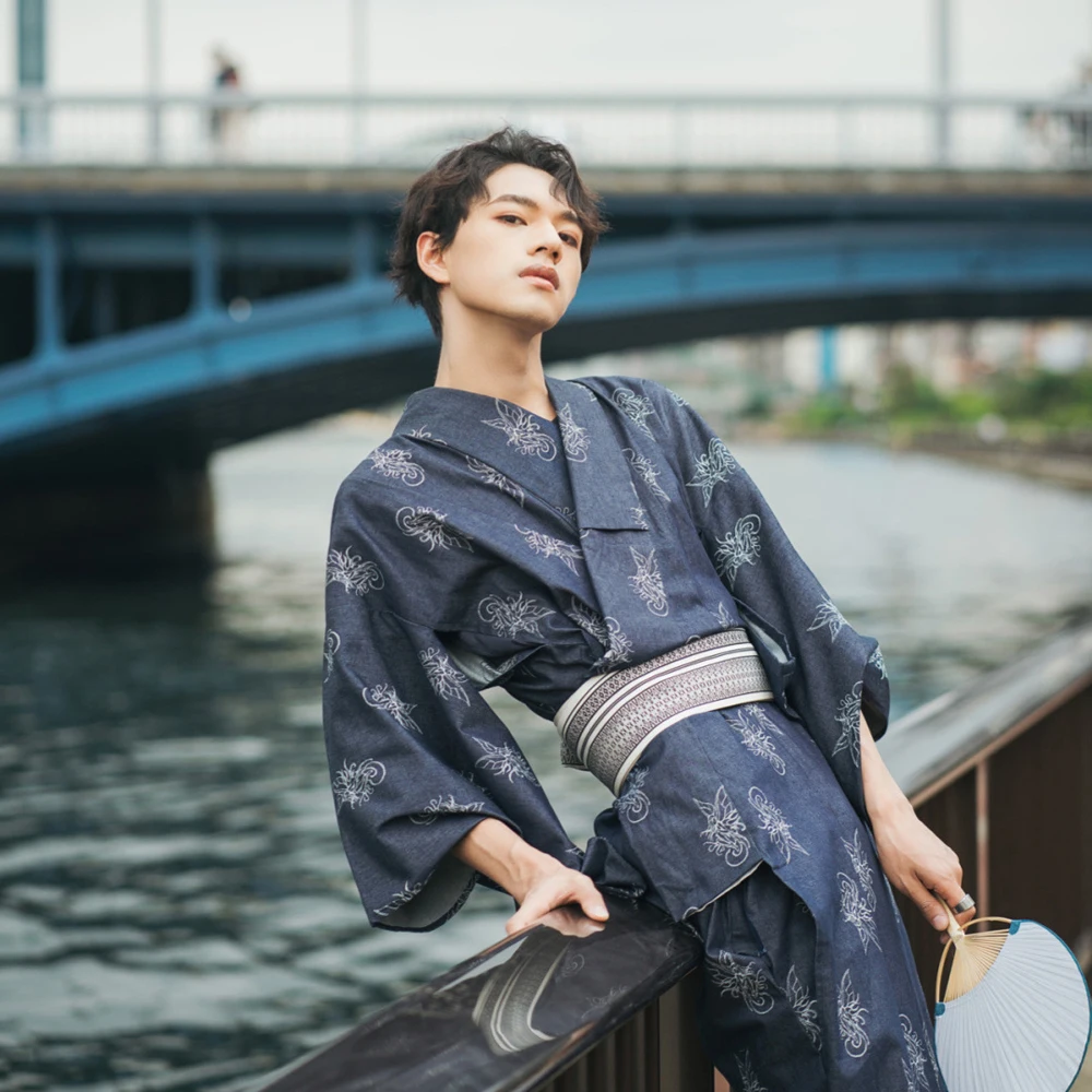 

Japanese Traditional Long Kimono Yukata Dress Men Haori Robes Pajamas Obi Belt Set Homewear Pyjamas Samurai Cosplay Costume