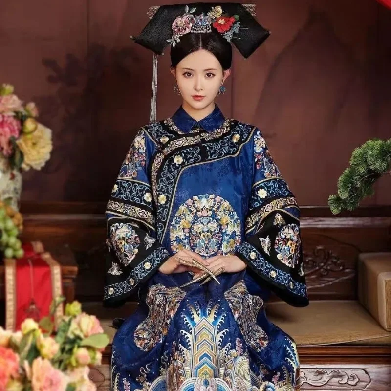 Chinese Women Qipao Dress Qing Dynasty Style Stand Up Collar Long Sleeved Printed Cheongsam Girl Traditional Costumes