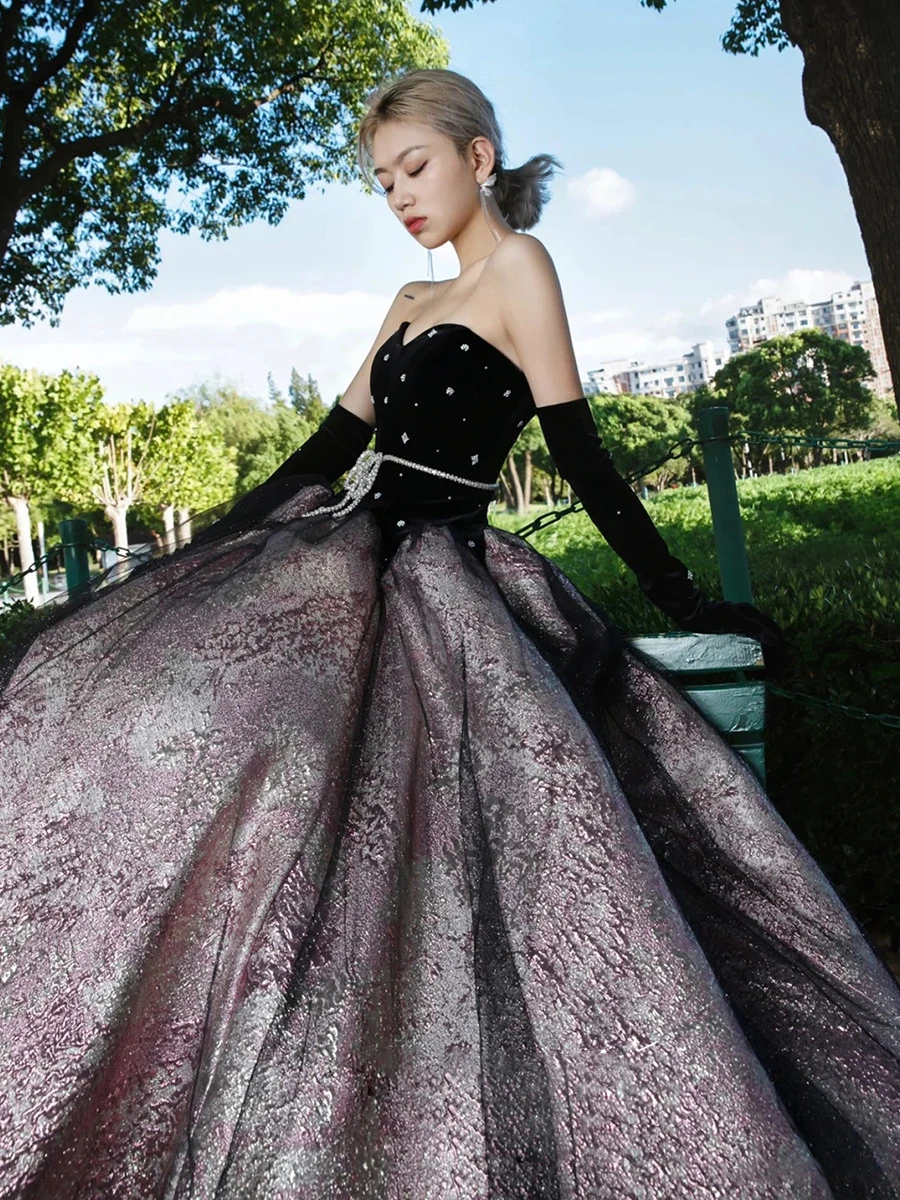 Satin Strapless Pearls Long Prom Dress,DP24594