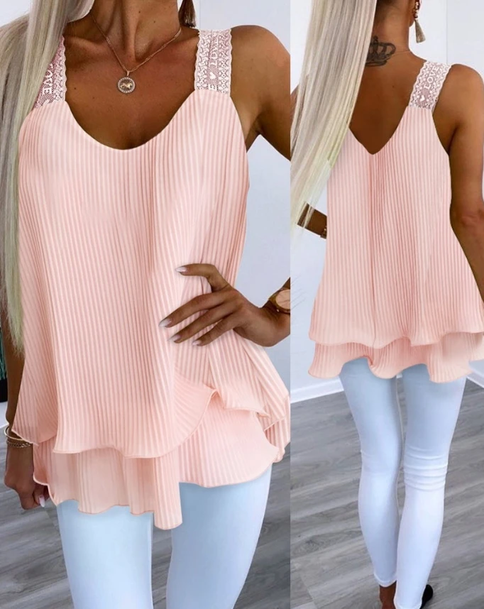

Women's Summer Strap T-Shirt Solid Color Low Neck Sleeveless Solid Color Tulle Fashion Love Pattern Contrast Lace Tank Top