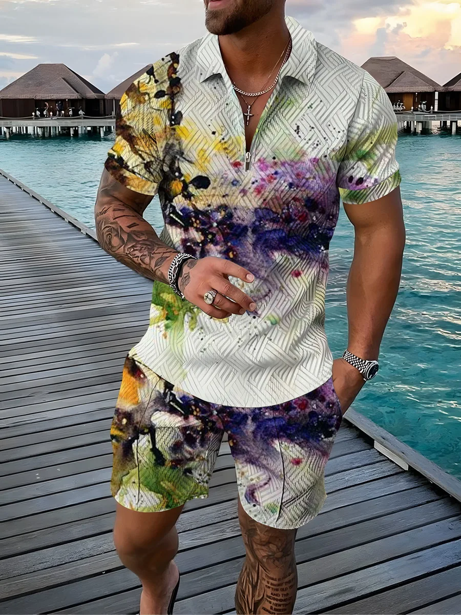 

Summer Men's New Casual Polo Shirt Suit Street Fashion Trend 3D Printing Zipper Short Sleeve T-Shirt Shorts Two Piece Set S-5XL