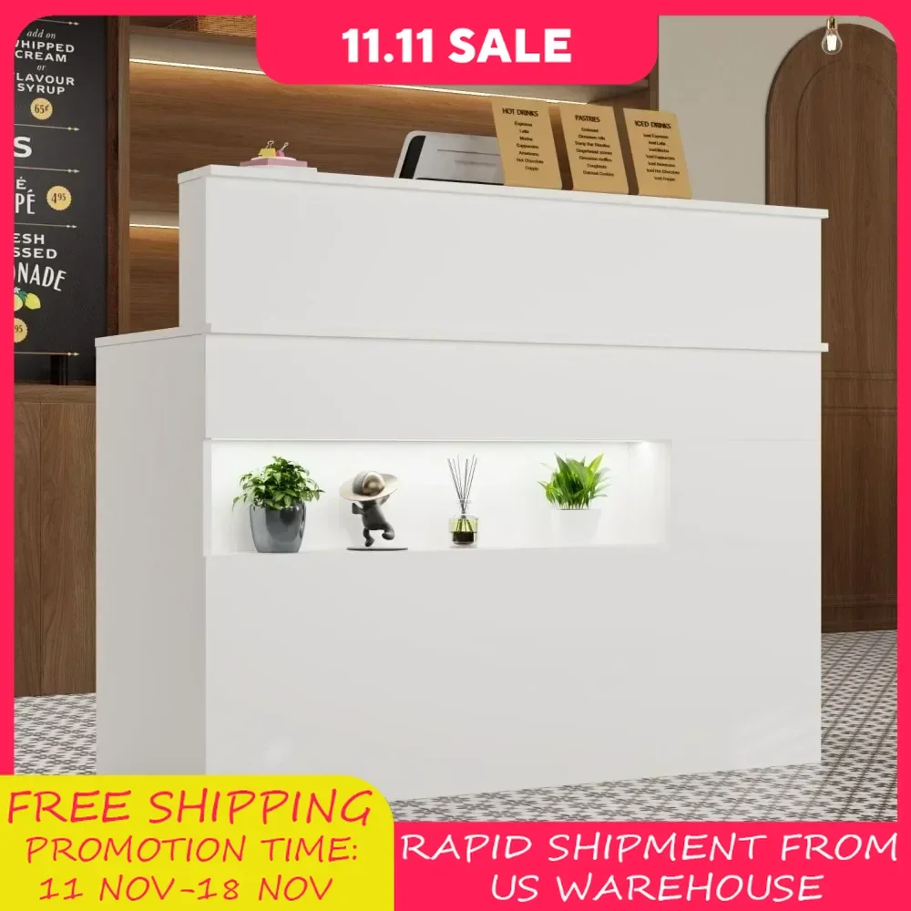 Modern Reception Counter Desk with Lights & Lockable Drawers, Reception Desk Front Counter Table with Cabinet, White