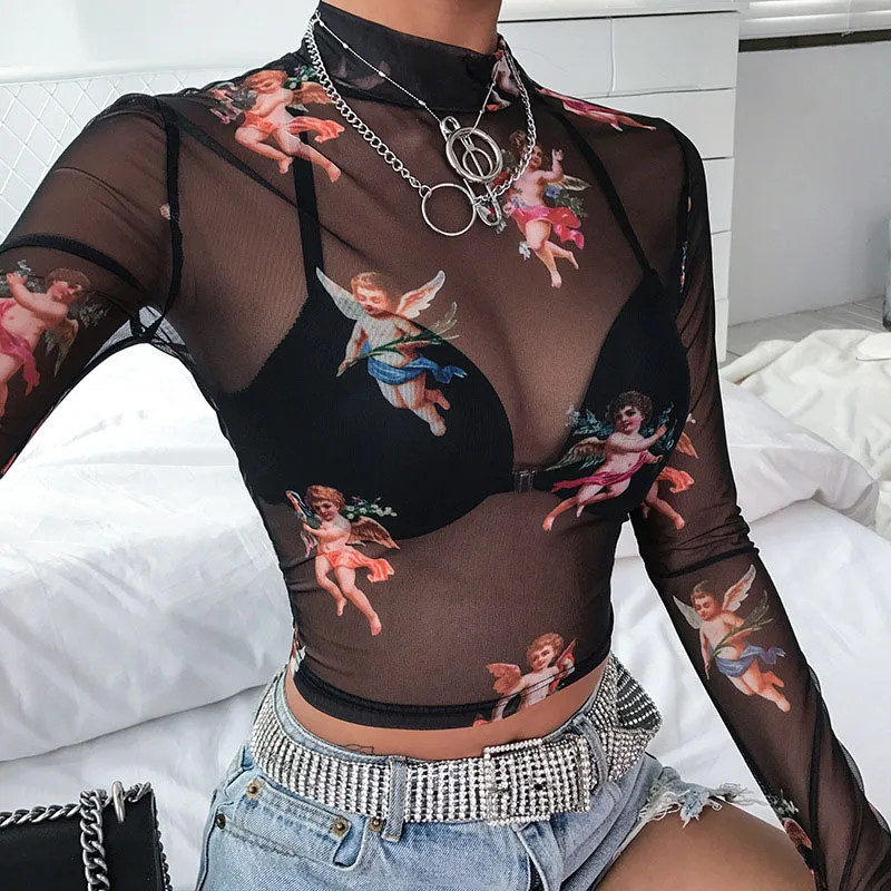 

Sexy Women T Shirt See Through Transparent Mesh Tops Long Sleeve Sheer Slim Ladies Turtleneck T-Shirt New Arrival Women tshirt