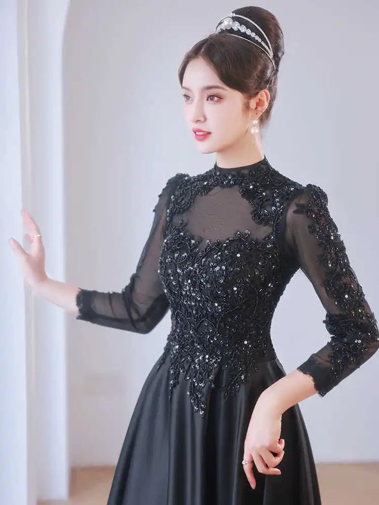 Black Prom Dress Women's Luxury Embroidery Sequins Sexy Lace Cut-Out Long Sleeve Floor Length Formal Banquet Party Vestidos