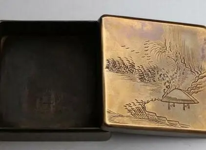 

Collection Chinese carved landscape painting square old copper ink box