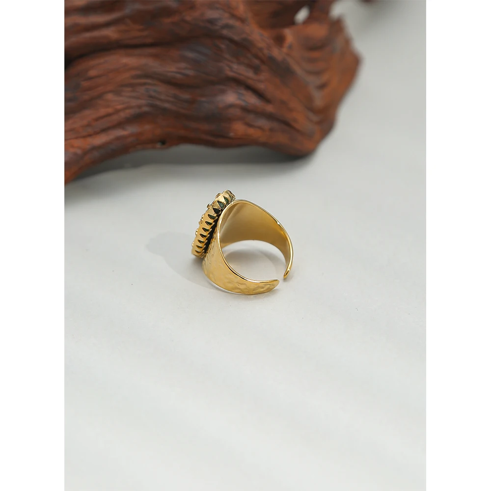 Stainless Steel Wide Rings For Women 18 K Gold Plated Tap Metal Texture Natural Stone Wide Ring Trendy Jewelry Gift womens ring finger rings jewelry rings ring jewelry
