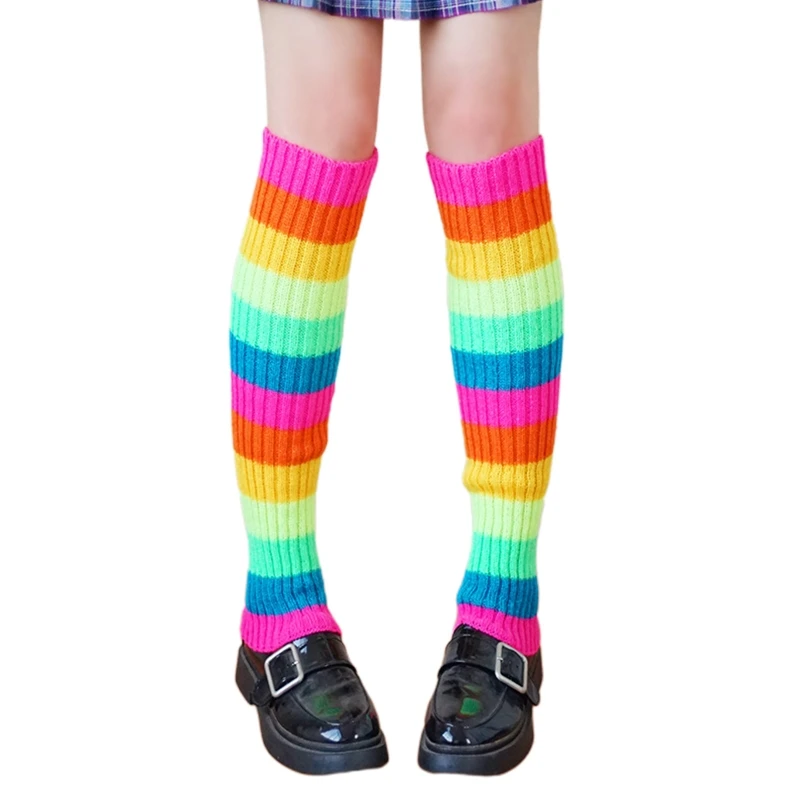

Women 80s Retro Party Ribbed Knit Leg Warmers Rainbow Multicolor Striped Foot Cover Sleeve Dance Sport Long Socks