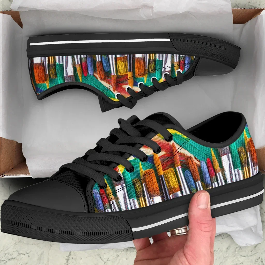 Watercolor Teacher Art Vulcanized Shoes Fashion Summer 3D Print Canvas Shoes Women Casual Sneakers Black Whit Flats